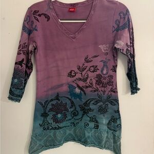 Elegant Floral V-Neck Tunic in Purple and Teal